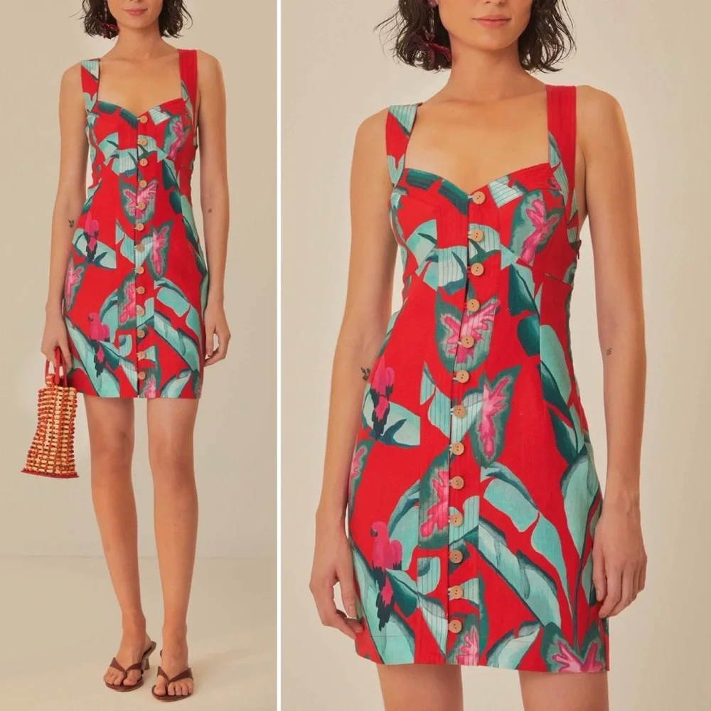 FARM Rio Summer Foliage Cross Back Mini Dress Red Medium NWT - Picture 15 of 16